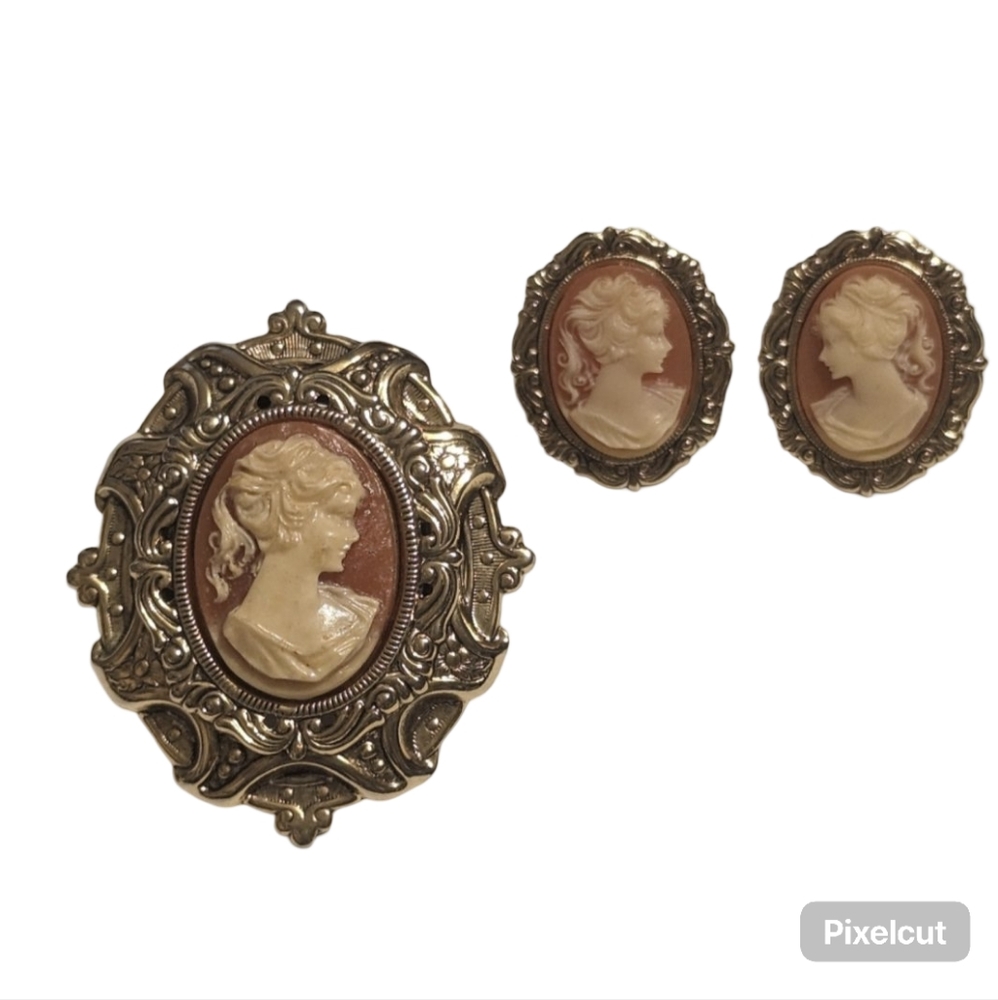 Vintage Oval Cameo Brooch & Matching Clip-on Earrings.